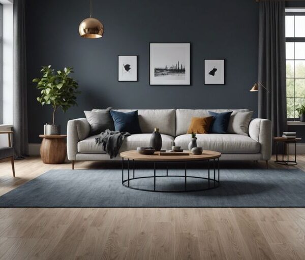 Modern living room with stylish vinyl flooring, cozy and elegant interior design.